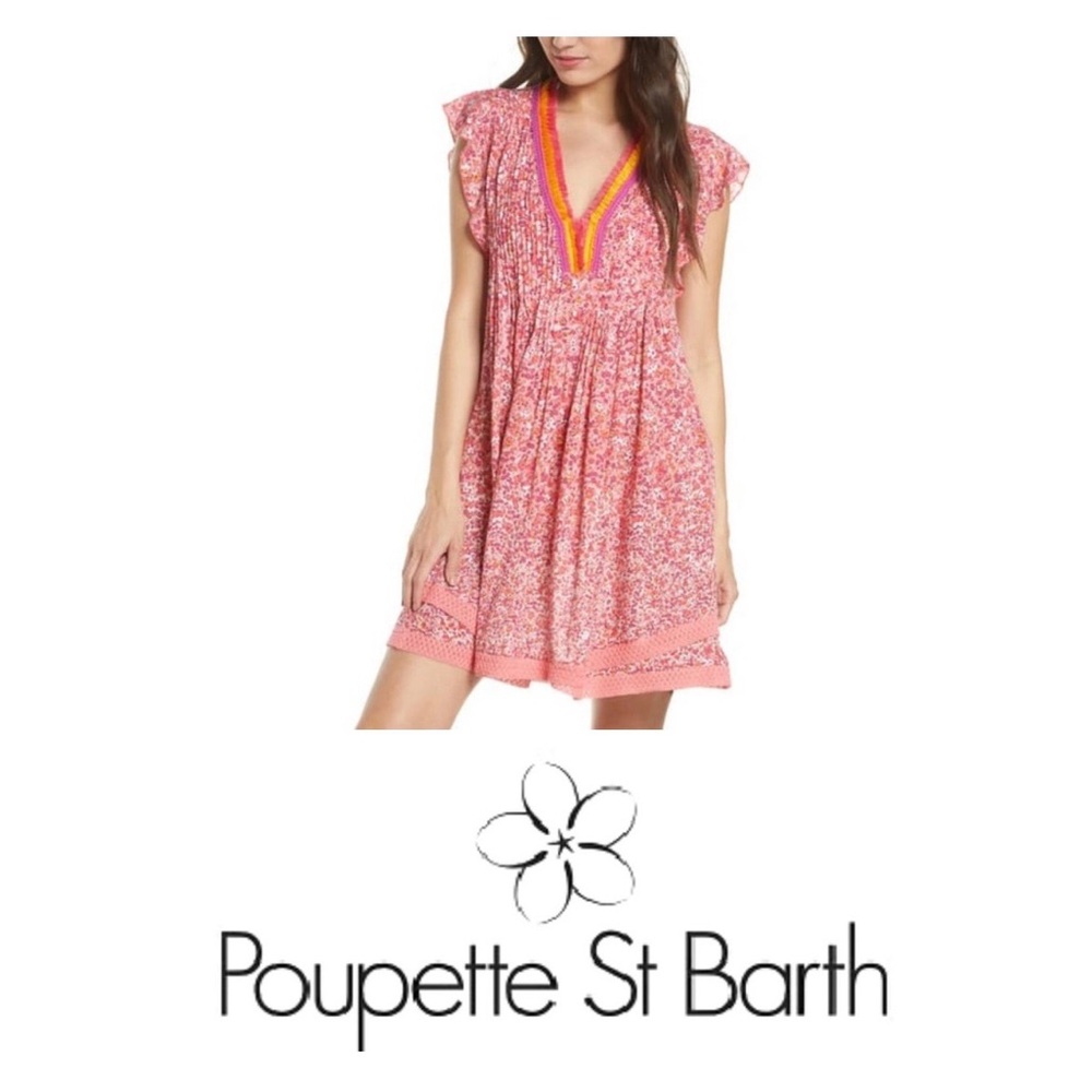 Poupette St Barth Sasha Lace Trimmed Mini Dress in Pink Glory, Size S, New with